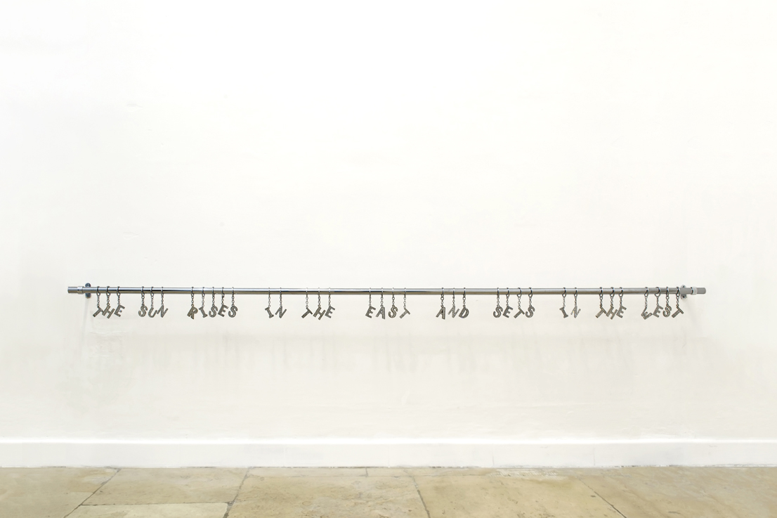 Emily Jones, The sun rises in the east and sets in the west, 2015, keyrings, aluminium rod, 204x9x7 cm