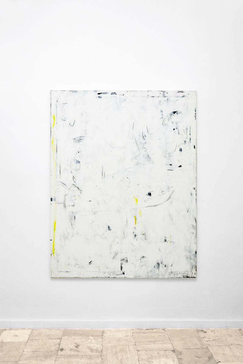 Struan Teague, Untitled, 2016. Cianotipia, acrilico, pastello smalto e matita su tela, 180 x 140 cm.