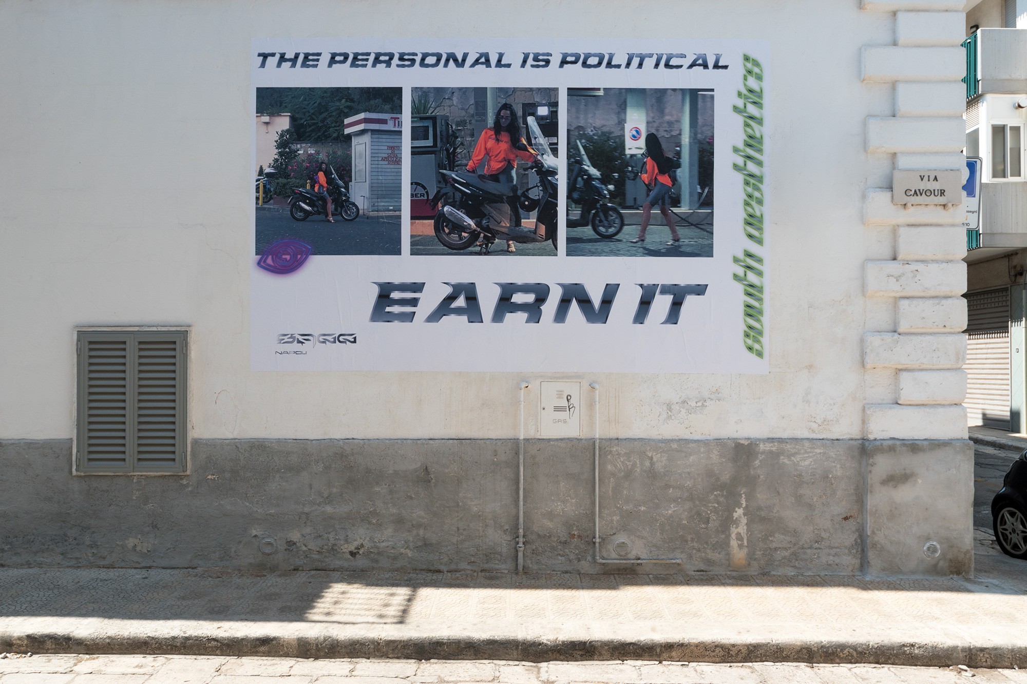 SAGG Napoli, The personal is political - Earn it. 2018 - Digital collage on billboard, lights, 500 x 350 cm.